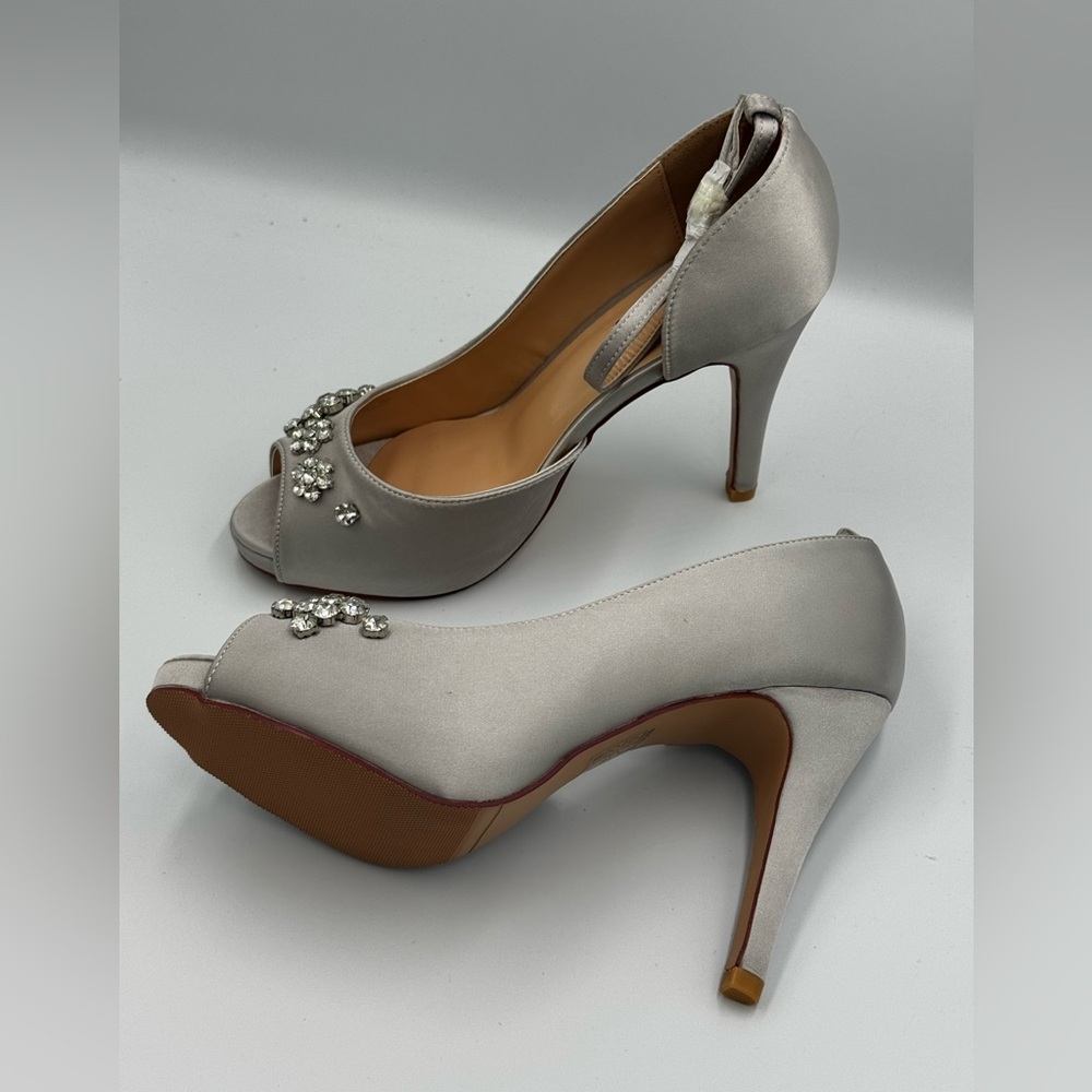 Silver Satin Peep Toe Heels with Rhinestones, Size 9W (NWT)